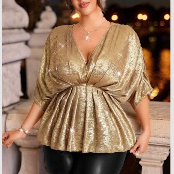 Luxe gold metallic shiny batwing sleeve party blouse - Picture 5 of 6